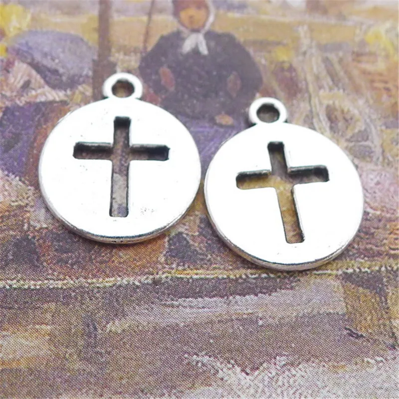 Bulk 30pcs Lots Cross In Circle Charms Antique Silver Plated Christian