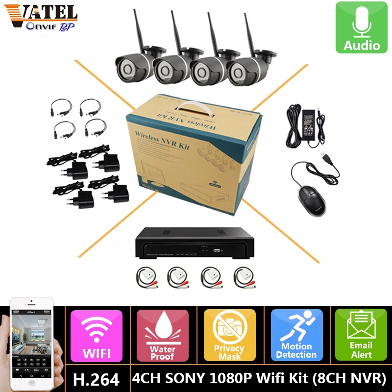 WIFI Camera Audio 1080p SONY IP Camera WIFI System kit 8CH 1080p NVR 4pcs wirless wifi camera system KIT two-way audio