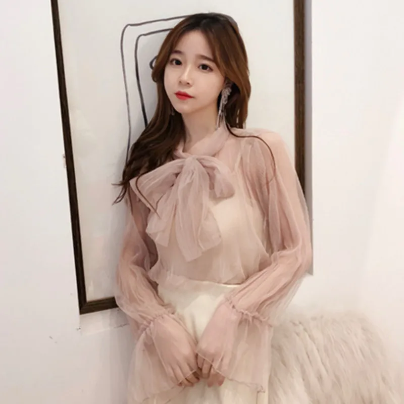 2018 Two Piece Women Mesh Blouse Solid Casual Tie Bow Lace Shirts Female Flare Sleeve Blouses Bottoming Shirt +Tank Tops AB800 3