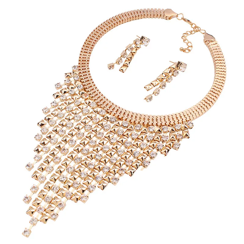 Crystal Tassel Necklace Earrings Set Gold Color Party Wedding Rhinestone Choker Jewelry Set Wedding Accessories