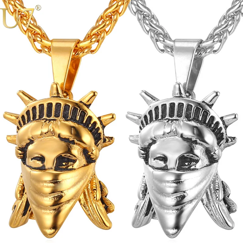 U7 American Rebel Statue Of Liberty Pendant Necklace Gold Color Stainless Steel Men/Women Chain US Symbol Jewelry P765