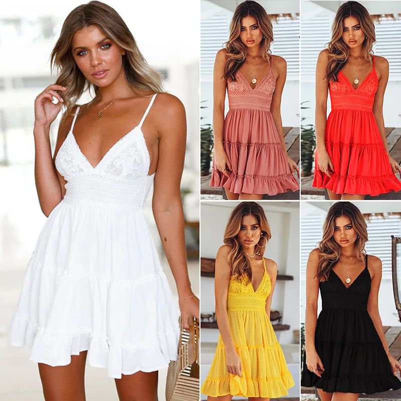 

party dress Women's Deep V-neck Strap Open Back Lace Dress women dress mini dress
