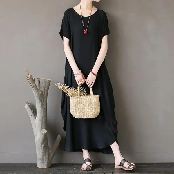 Buykud Women Vintage Solid Party Dress Short Sleeve O neck Long Casual Dress 2019 Black Summer New Fashion Women Dress (1)