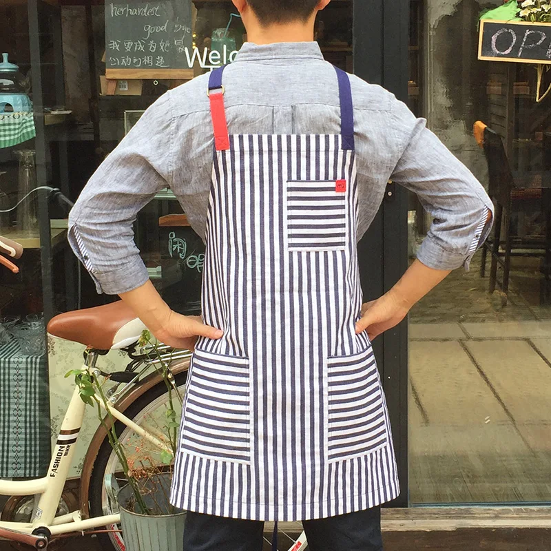Apron kitchen cotton denim navy blue striped fashion adjustable