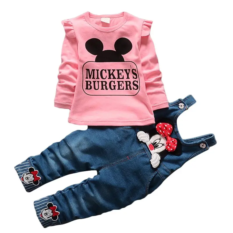 

New 2017 Spring Children's Sets Cartoon Minnie T-shirt & Denim Overalls Pants Girl Clothing Set Infant Cloth Kids Fall Tracksuit