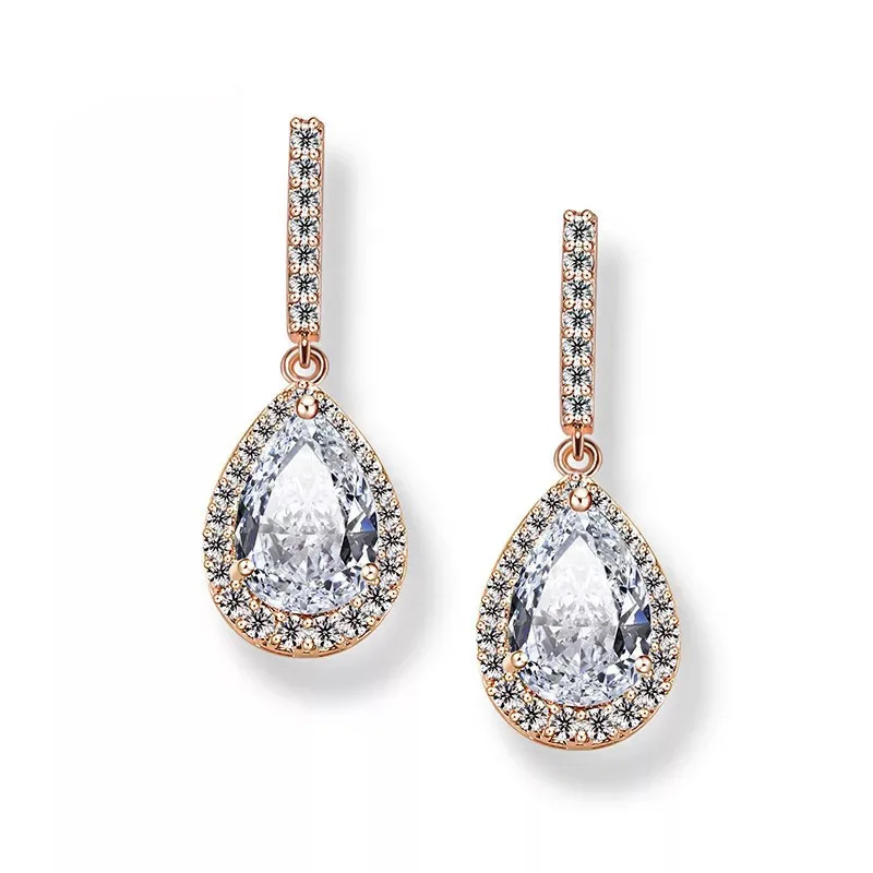 

T994 Rose Gold 925 Sterling Silver Water Drop 5A NSCD Stone Drop Earrings Center Stone 2carat Women Wedding Jewelry