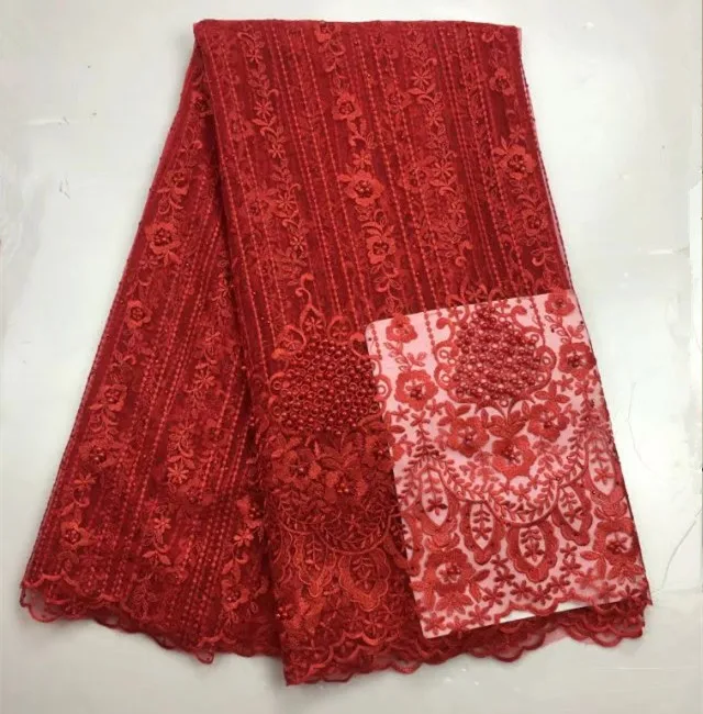 

French Lace Fabric red High Quality With Beads Mesh Embroidered Lace Fabric Tulle Net Fabric For Partty Dress !506-1-1