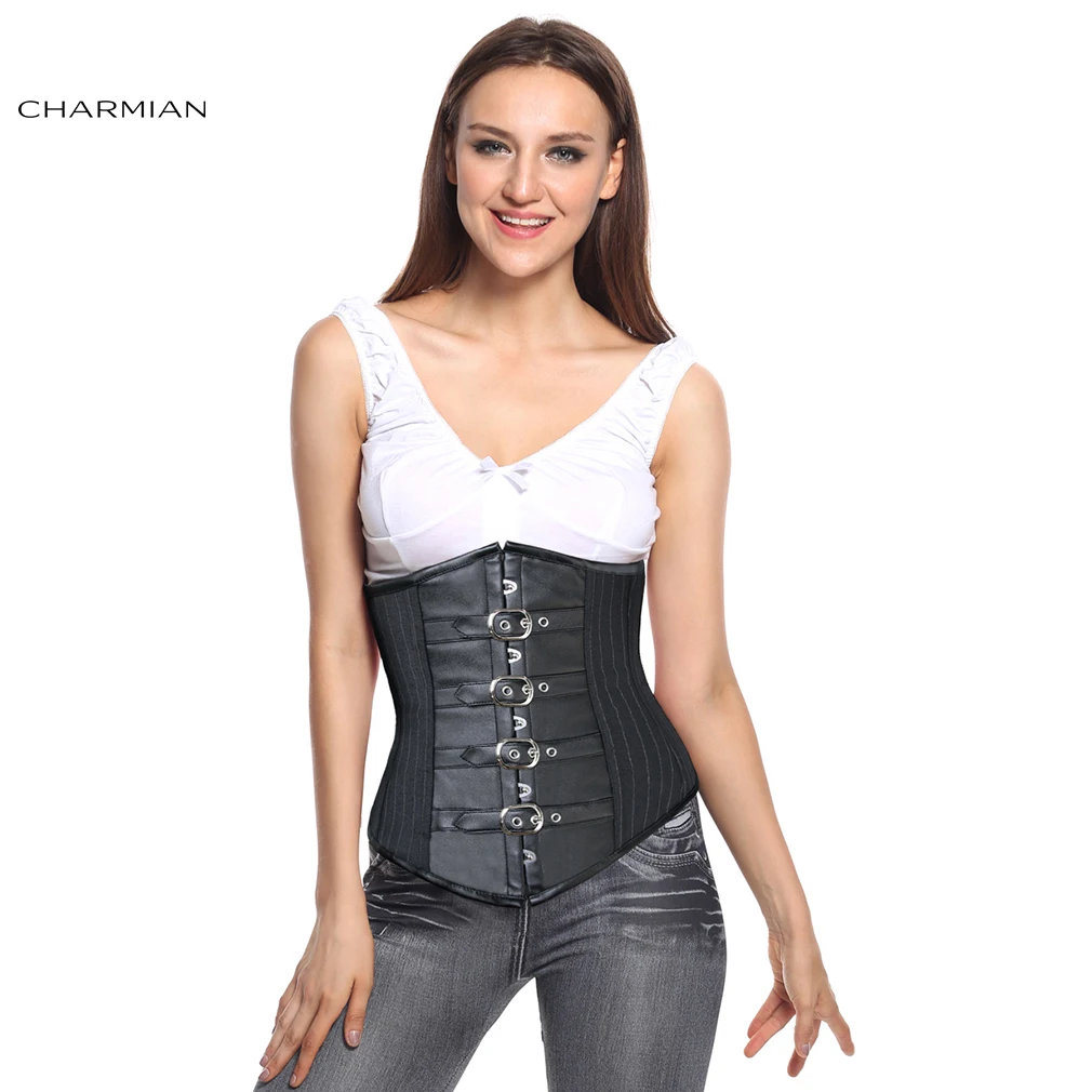 Женский корсет в стиле стимпанк Charmian Черный полоску на косточках и бюстье