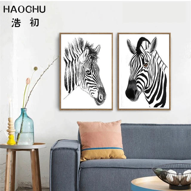 Haochu الحديثة جدار الفني رسم البرية أبيض وأسود زيبرا صورة غرفة المعيشة Haochu الحديثة جدار الفني رسم البرية أبيض وأسود زيبرا صورة غرفة المعيشة