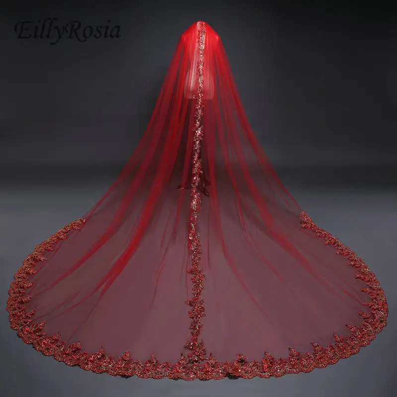 

New Arrival Red Bridal Veils Long 3M Cathedral Wedding Veils Luxurious Lace Appliques Edge One Layer High Quality velo de novia