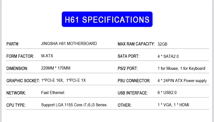 JINGSHA H61 материнская плата LGA 1155 сокет компьютерная материнская плата поддерживает i3 i5 i7 DDR3 1600 МГц