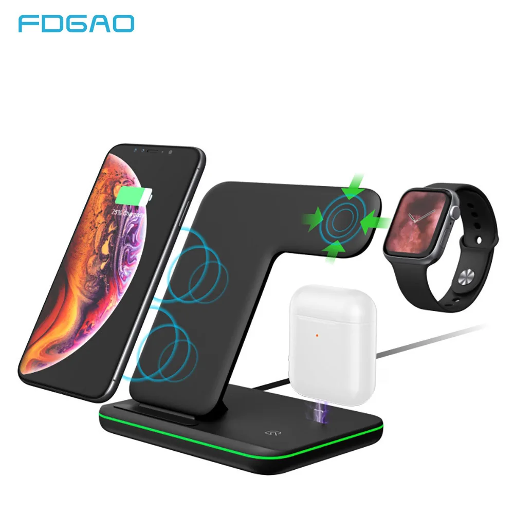 Online 3 en 1 soporte de carga inalámbrico para Apple Watch AirPods estación de carga Qi 15W cargador inalámbrico rápido para iPhone 11 X XS MAX XR