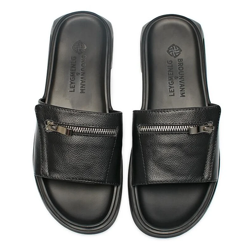 New Design Men Genuine Leather Leisure Slippers Outdoor Black Stable And Mature Man Casual Summer Sandals Slides Shoes