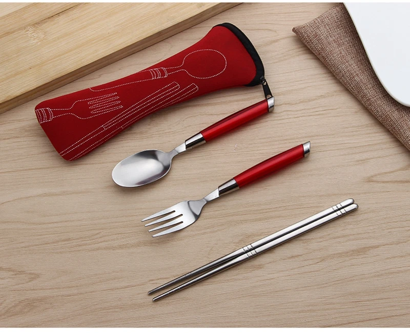 50sets/lot ping 3pcs/set Travel Picnic Portable Cutlery Stainless Steel Tableware Fork spoon chopsticks