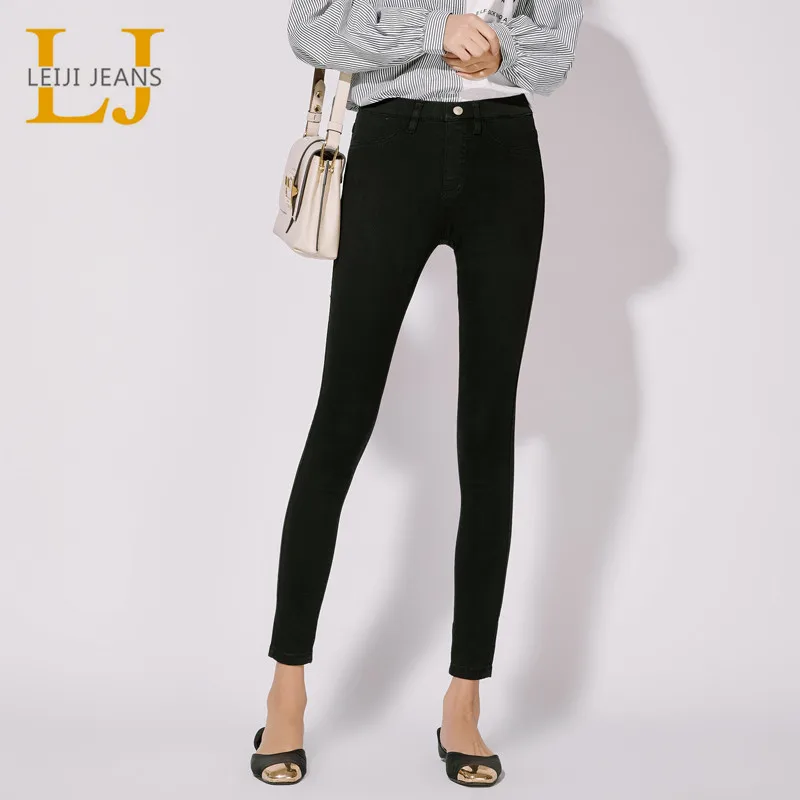 

2019 LEIJIJEANS Plus size Black Colors Mid Waist Full Length Office Lady Skinny Pencil Denim Stretch legging Women Jeans 5358