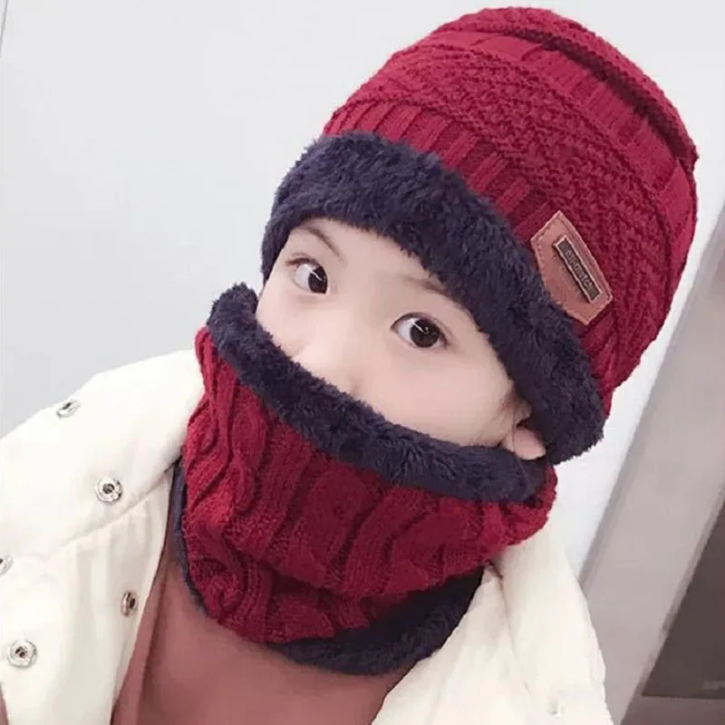 Baby Knitted Hat Scarf Winter Warm Children Kids Cap Beanies Circle Thicken Fleece Lining For 2-12 Years Boys Girls | Детская одежда и