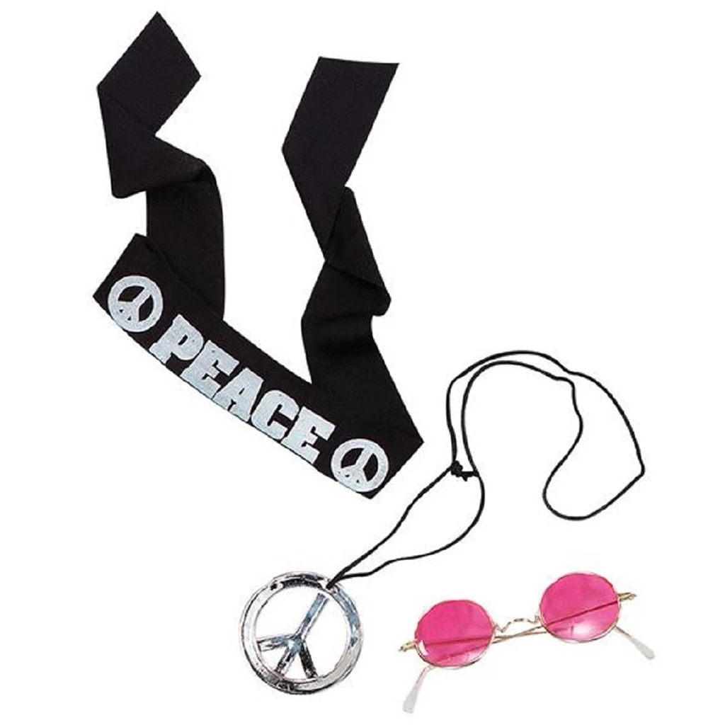 

Hippie Headband/Peace Necklace/Glasses Fancy Dress 60's Hippy Men's Silver Peace Necklace Jewelry set for Costume Party Supplier