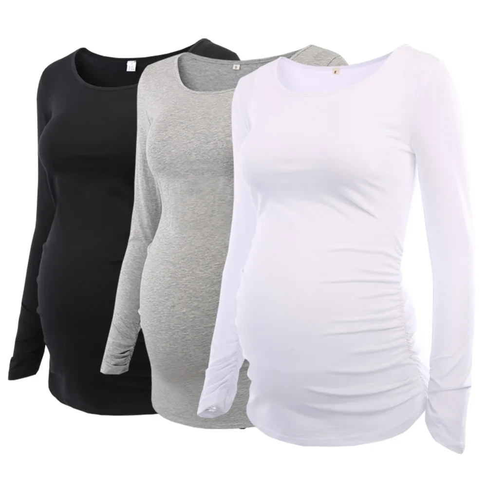 En Ligne Pack de 3 pcs Femmes de Maternité Tunique Tops Mama Vêtements Flatteur Side Fronces Manches Longues Scoop Cou Grossesse T shirt