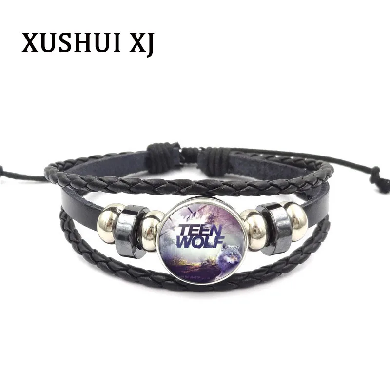 

Teen Wolf Logo Glass Buckle Charm Bracelet Punk Jewelry Handmade DIY Black Multilayer Braided Leather Bracelet Men Women Gifts