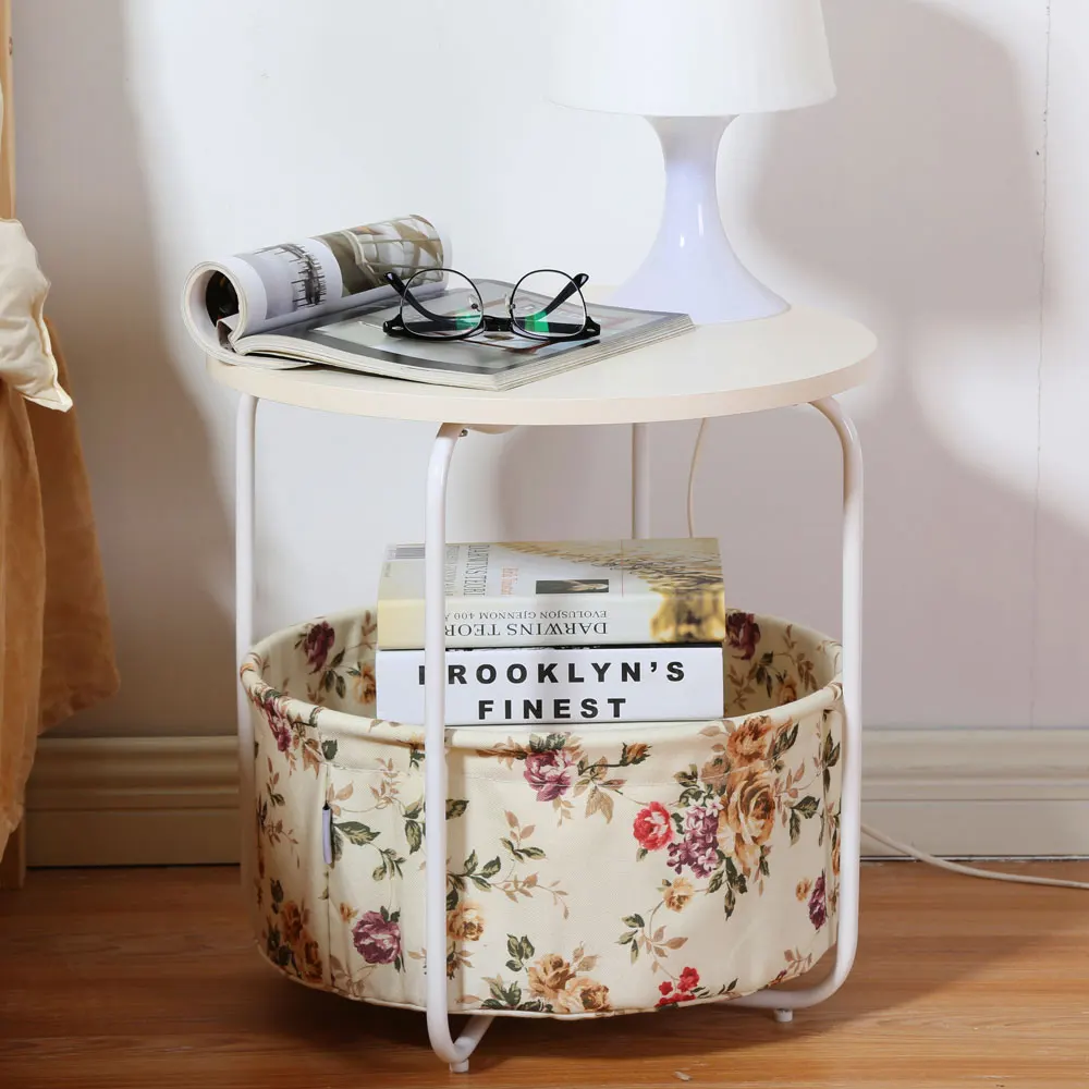 Round Wooden Side Table 2 Tiers With a Book Storage Canvas Basket Bag Round Wooden Side Table 2 Tiers With a Book Storage Canvas Basket Bag