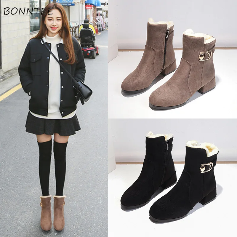 

Boots Women Flock Thicker Warm Plush Snow Booties Casual Simple Australia Womens Shoes Female Korean Style Zip Square Heel Boot