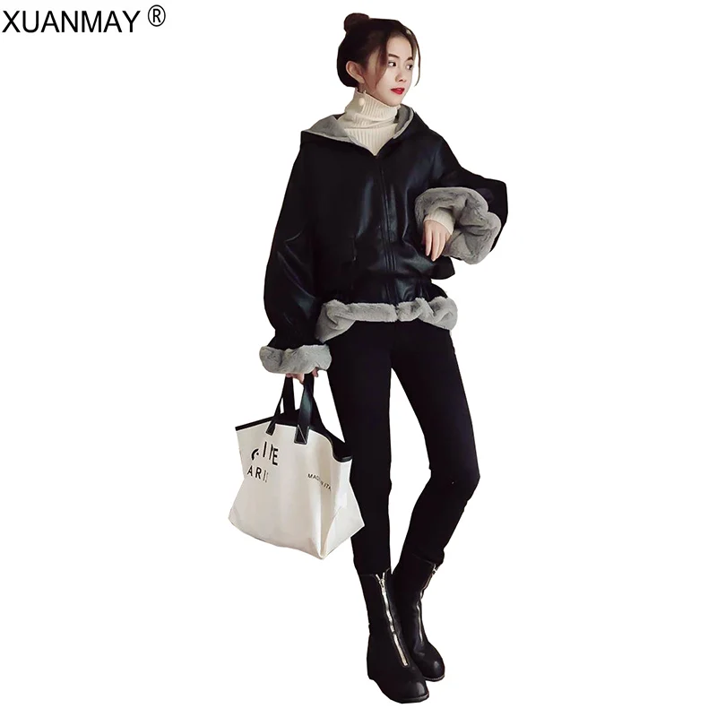 

2019 New Faux fur Zipper Cardigan coat Fashion PU Artificial leather Women's Winter coat Warm Faux fur Hooded cardigan coat