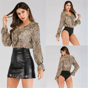 

US Womens Sexy Summer Long Sleeve Jumpsuit Playsuit Leopard Printed Romper Tops