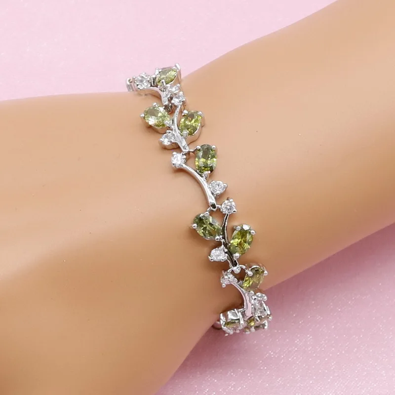 Оливковый зеленый Цирконий 925 серебряные ювелирные наборы для женщин Свадебные серьги-кольца браслет кулон ожерелье кольцо