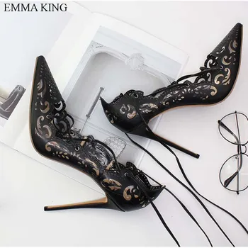 

EMMA KING 2018 Fashion Autumn Fretwork Thin Heels Pointed Toe Lace up Wedding Shallow Ankle Strap Slip on Sexy High Heels Pumps