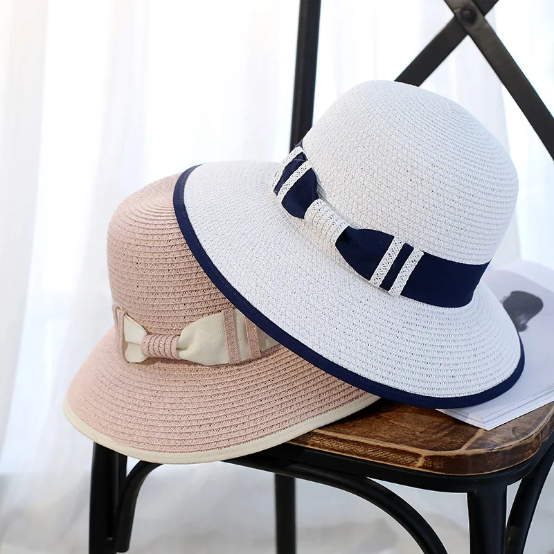 

2017 New Lady Boater sun caps Bowknot Round Flat Top Straw Fedora Panama Hat summer hats for women straw cap