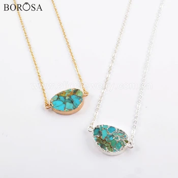 

BOROSA 5PCS Wholesale Mango Gold/Silver Color Copper Natural Turquoises Connector Double Charms for Necklace Jewelry G1707 S1707