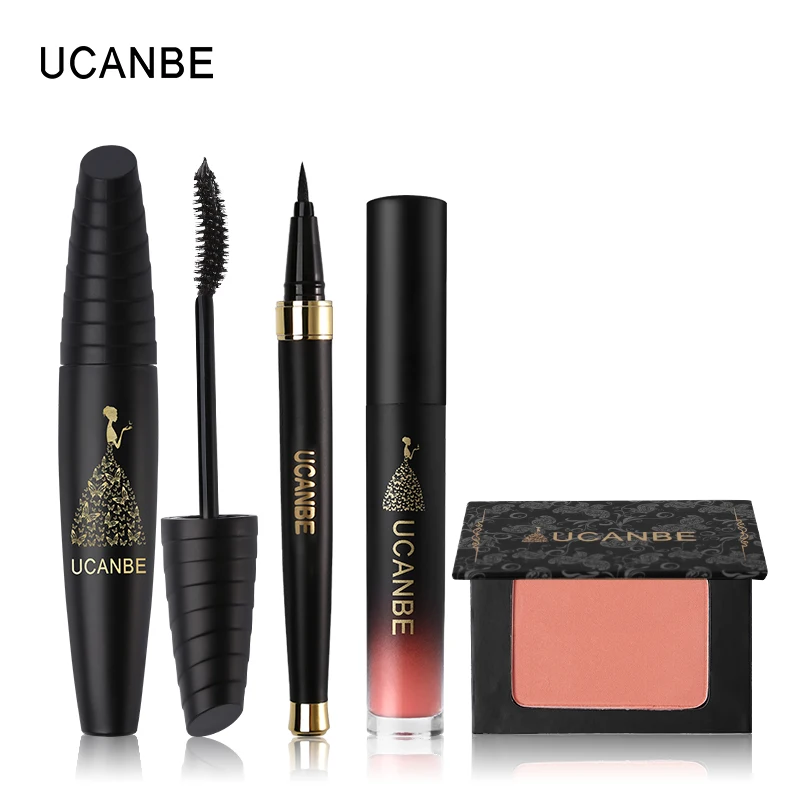 

UCANBE Brand 4pcs/lot Daily Basis Makeup Set Black Eyeliner Pen Curling Mascara Mineral Blush Waterproof Velvet Lip Gloss Kits