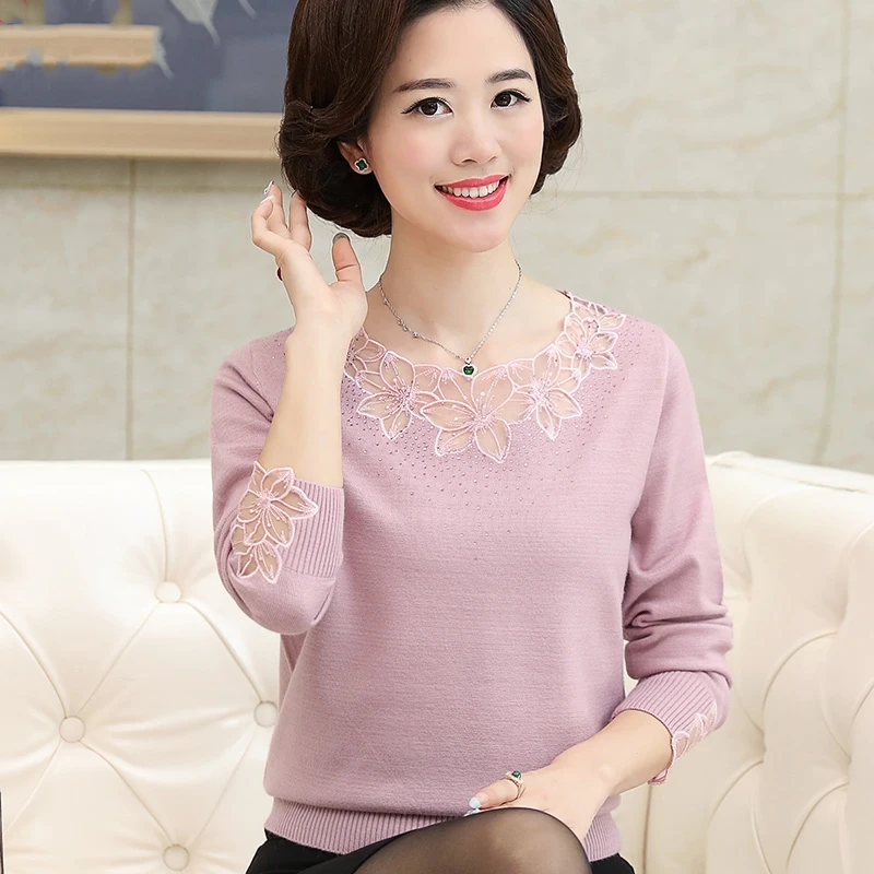 

2017 New Autumn and winter fahion lace sweater women bottoming shirt mother clothing middle-aged women pullover sweater x756