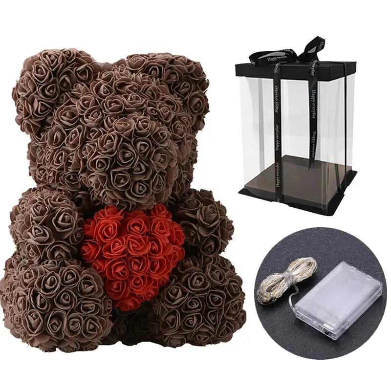 Романтическая Подарочная коробка на День святого Валентина, ПЭ, розовый медведь, искусственные украшения с розами, милый мультфильм, подарок для девочки - Цвет: 40 borwn red led box
