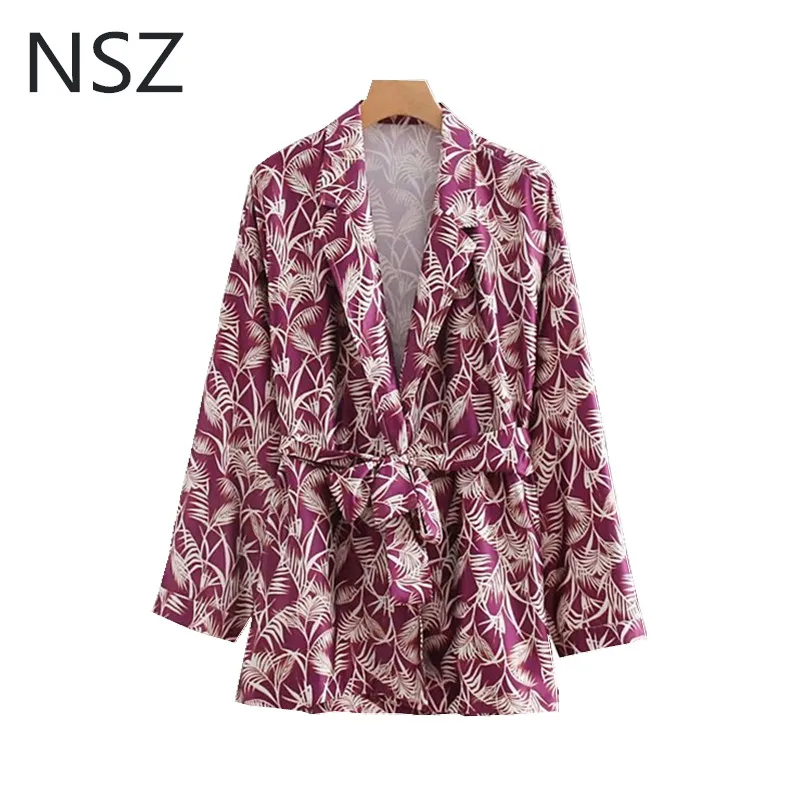 

NSZ Women Print Satin Lightweight Blazer Kimono Jacket Sashes Loose Casual Belted Side Slit Coat Jacket Autumn
