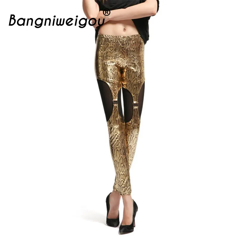 

Bangniweigou Gold PU Snake Python Leggings Glitter Shiny Look Mesh Buckle Splicing Ankle Length Slim Pants Faux Leather Leggings