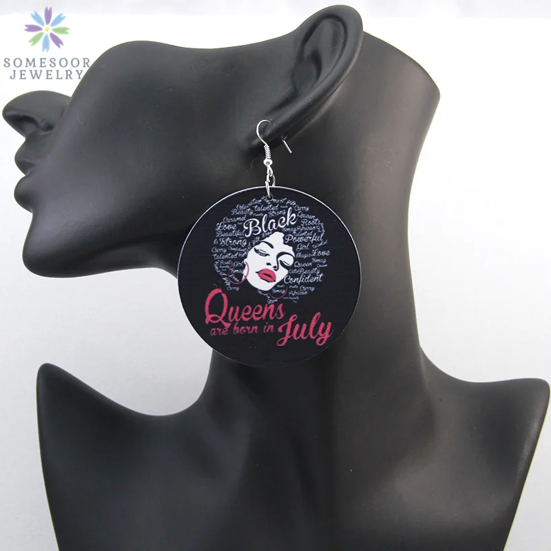 

SOMESOOR African Black Queen Locs Hoops Wood Drop Earrings With Powerful Words Afro Design Ear Jewelry For Women Gifts 1pair