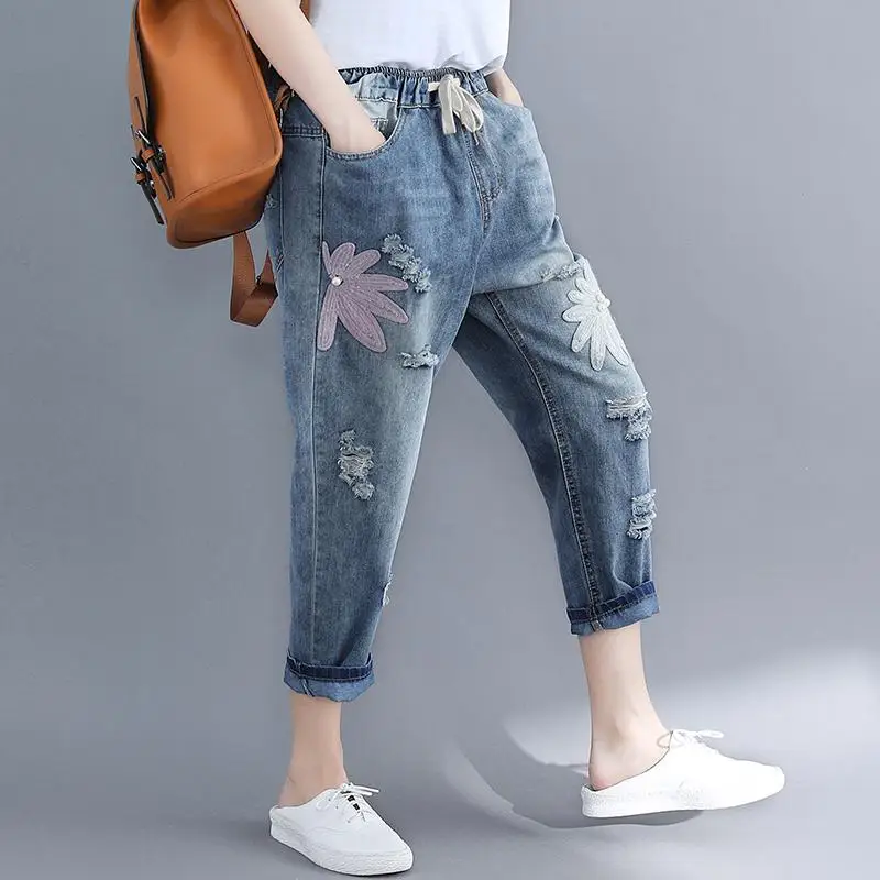 Женские джинсы с высокой талией и цветочными пайетками размера плюс M-4XL, джинсовые комбинезоны, штаны-шаровары, женские брюки с дырками длиной до щиколотки - Цвет: blue