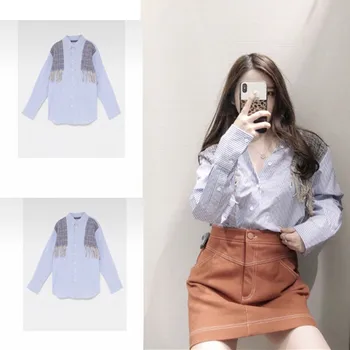 

2019 New women's long sleeve lapel loose tassel striped shirt + denim skirt mini skirt