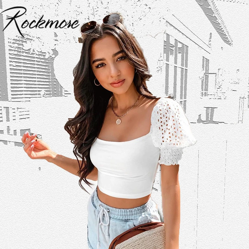 

Rockmore 100%Cotton White Bodycon Backless Puff Sleeve T-shirt Women Short Sleeve Casual Female Streetwear Womens Tops Summer