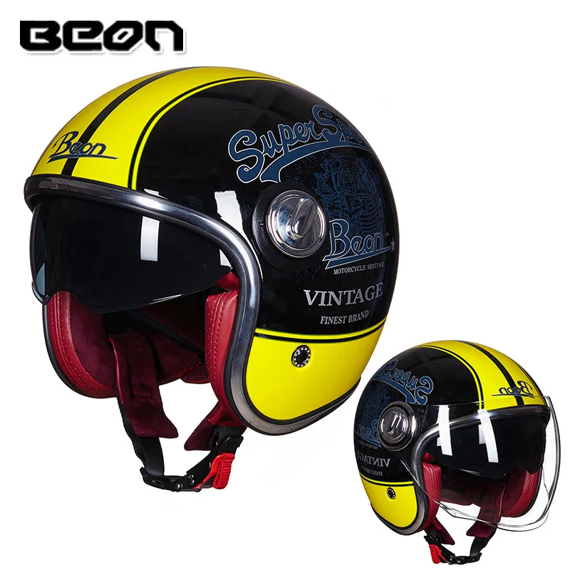 BEON мотоциклетный шлем rbike Casco винтажный мотоциклетный шлем 3/4 с открытым лицом Capacete Байкер скутер шлем ретро двойной козырек - Цвет: B-108A-new yellow