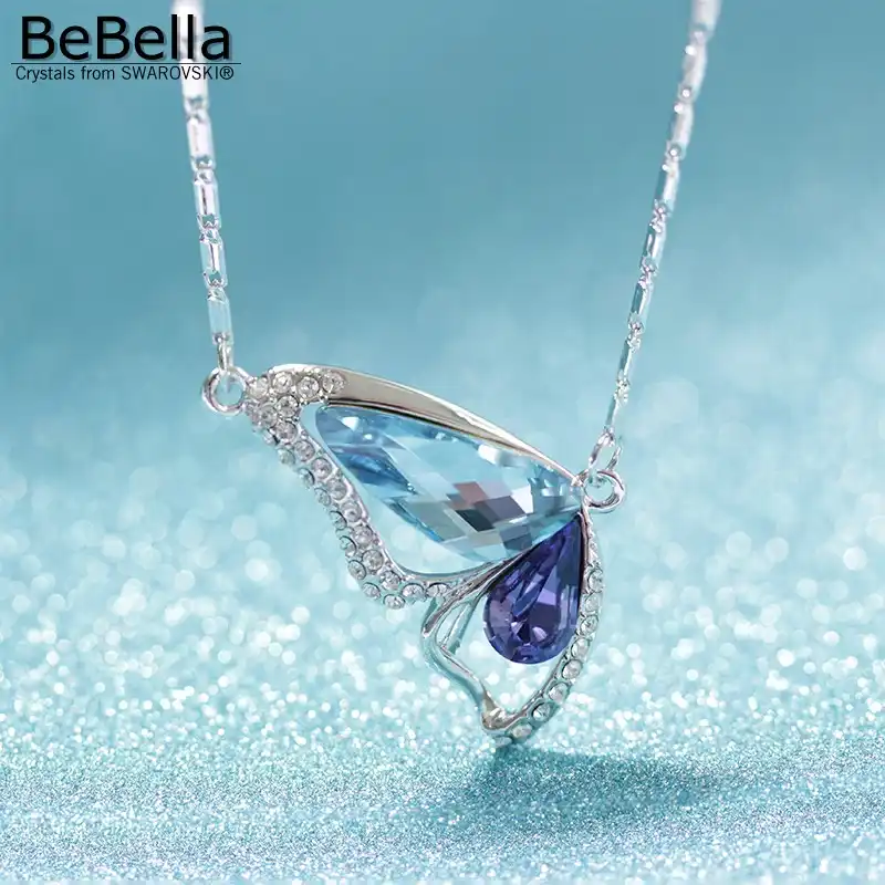 Mujeres 18K Azul Zafiro Diamantes de Imitación de Cristal Colgante Collar de mariposa