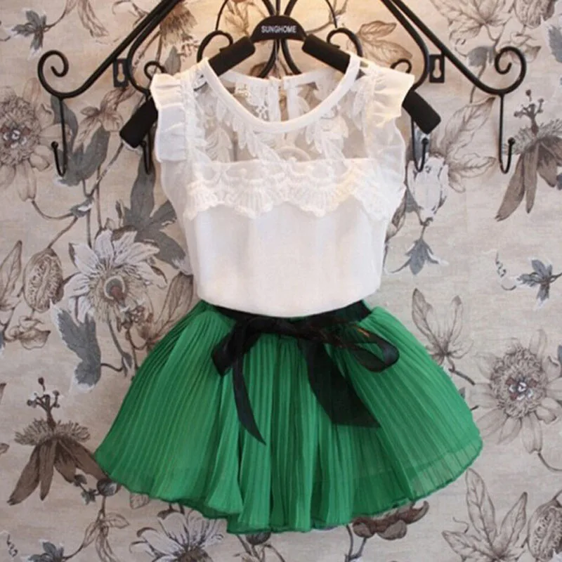 

MERI AMMI Baby Girl Clothing Suit Lace Sleeveless Tee Floral Top +Skirts With Bow Outwear Outfit For 3-11 Year Girl,J546