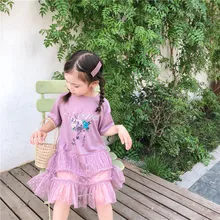 Новое поступление, летнее платье из гренадина в Корейском стиле с цветочным принтом, с короткими рукавами и вышивкой для маленьких девочек