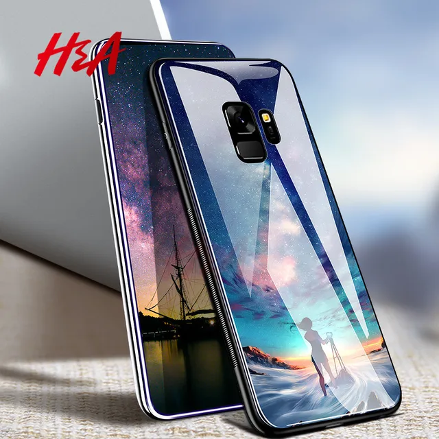 Special Price H&A For Samsung Galaxy S8 S9 Plus Back Cover Case Star Tempered Glass Phone Cases for Galaxy S9 Note 9 8 Case Coque Capa Fundas