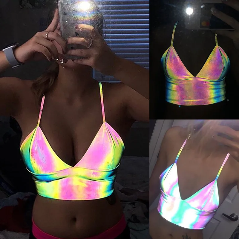 

2019 Sexy Women Clubwear Laser Reflective Bustier Bra Sleeveless Strap Deep V-neck Tank Crop Tops Vest Camisole Tank Outwear New