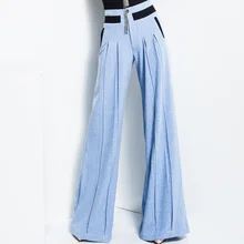 Осень Весна Мода Высокая улица женские синие лоскутные плиссированные широкие брюки, высокая талия Свободные женские повседневные брюки