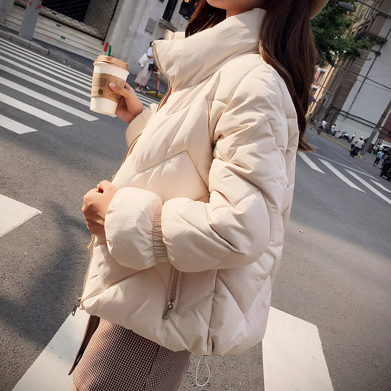 

High Quality INS Popular Warm Winter Jacket Women Stand Collar Solid Parka Short Pocket Cotton Female Coat Office Lady Outwear