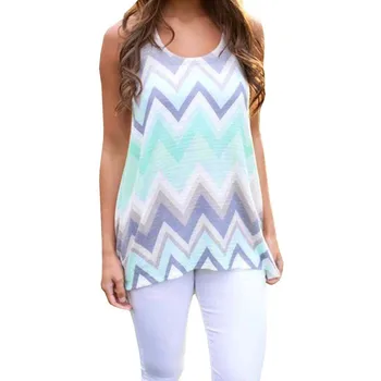 

Womens Tops And Blouses Nice Wave Printed O-Neck Striped Vest Summer Casual Sleeveless Shirt Tank Top Fashion