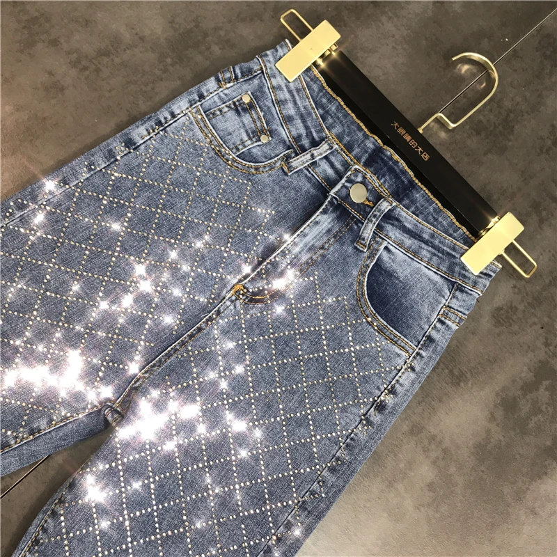 Лето 2019 г. Новый ромбовидной формы горячей бурения край эластичный стрейч карандаш брюки для девочек джинсы длиной до колена для женщин